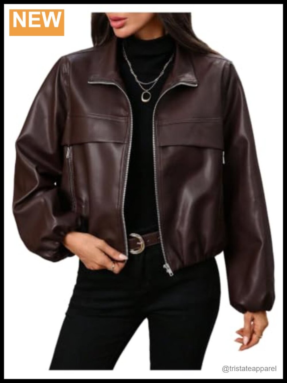 Women's Faux Leather Collared Bomber Jacket Zip Up Long Sleeve Fall Coat